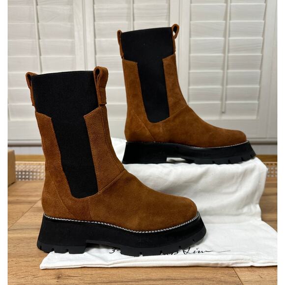 3.1 Phillip Lim Kate Lug Sole Mid Calf Combat Boot Saddle Brown Suede Sz. 10 NIB - Picture 2 of 15